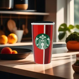 Starbucks 2018 Stripe Red Double Wall Travel Tumbler Ceramic Coffe 12 Oz NEW